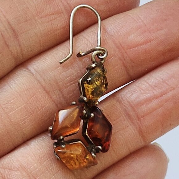 Sterling Silver 925 Gold Orange & Green Amber Dangle Earrings - Picture 4 of 4